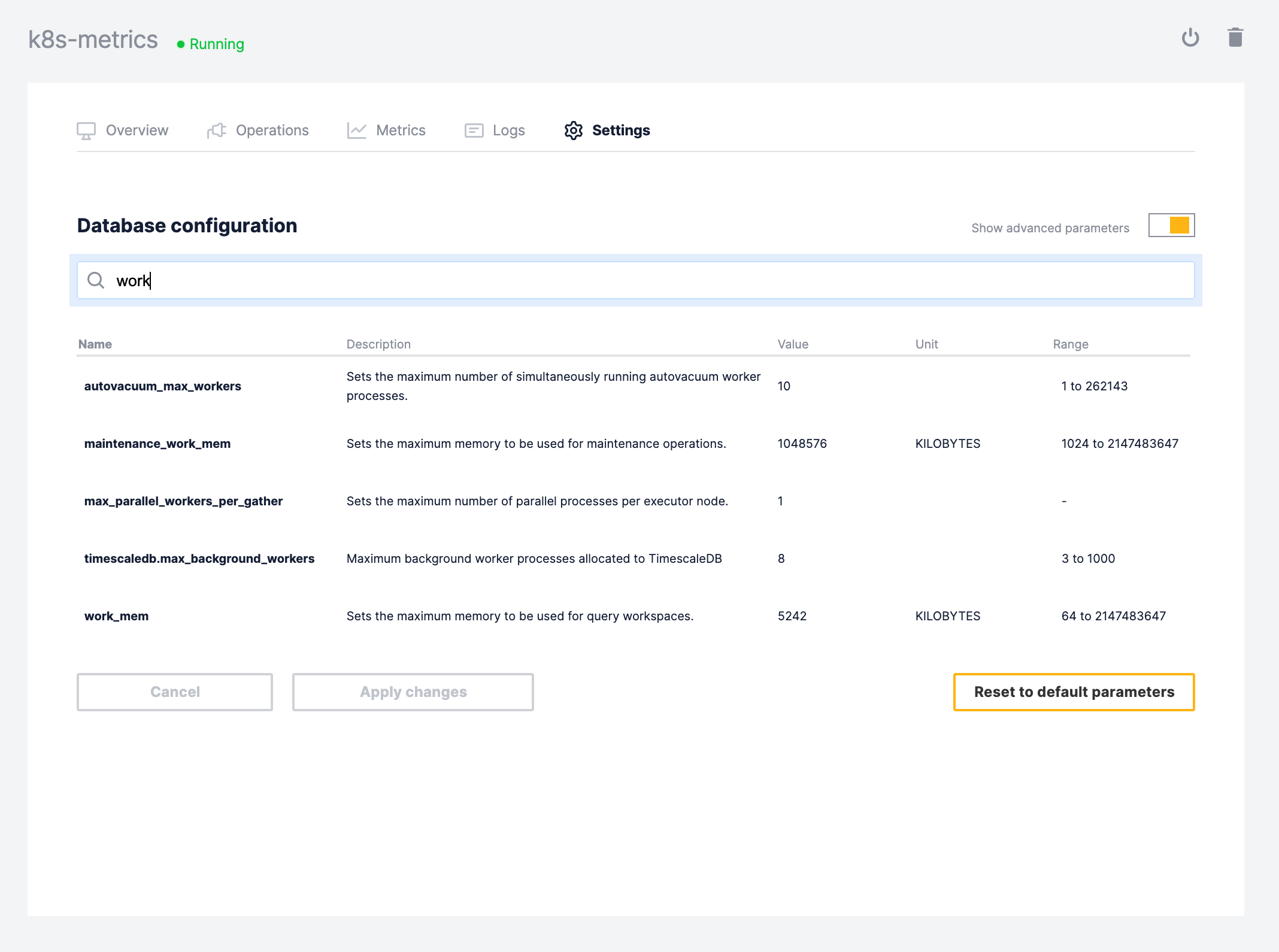 View Timescale Forge service configuration changes confirmation dialog