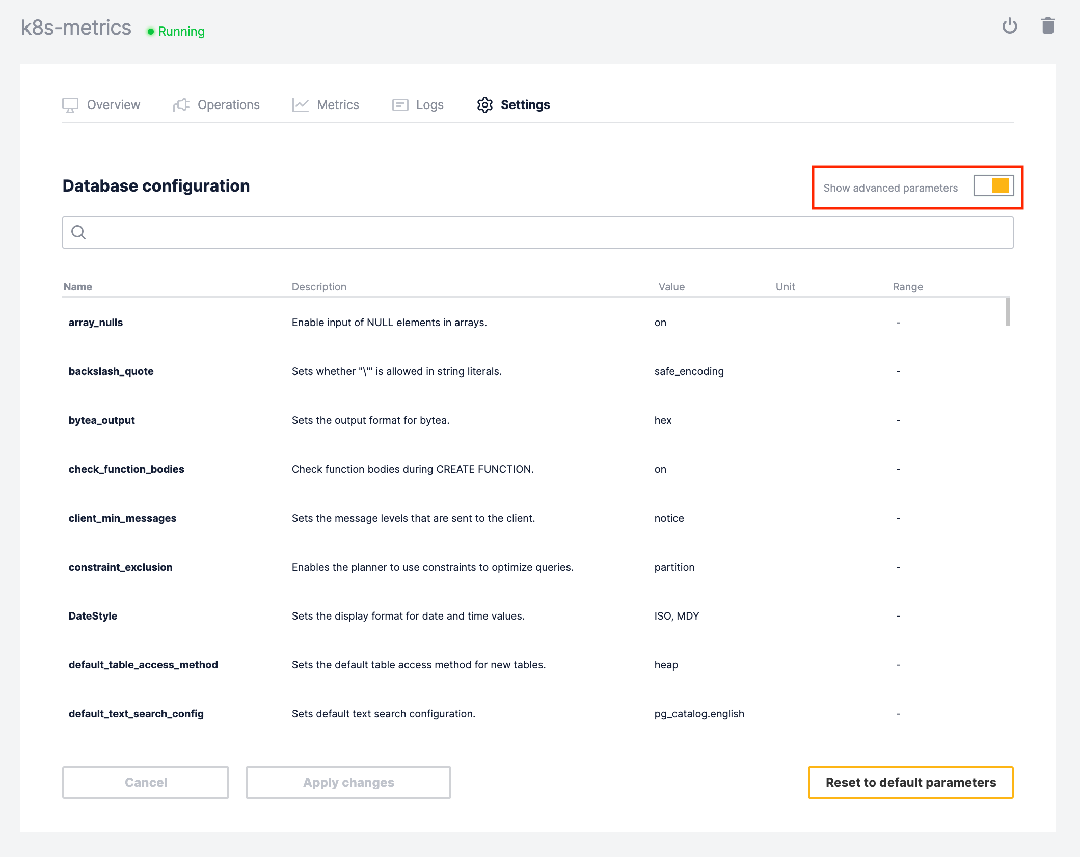 View Timescale Forge service configuration changes confirmation dialog