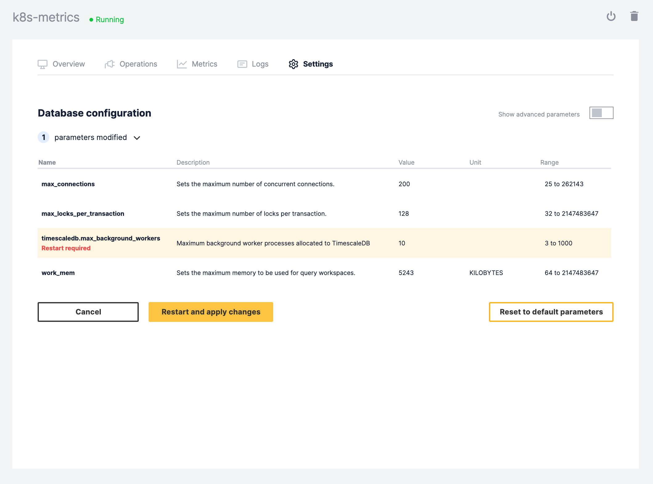 View Timescale Forge service apply settings parameter changes