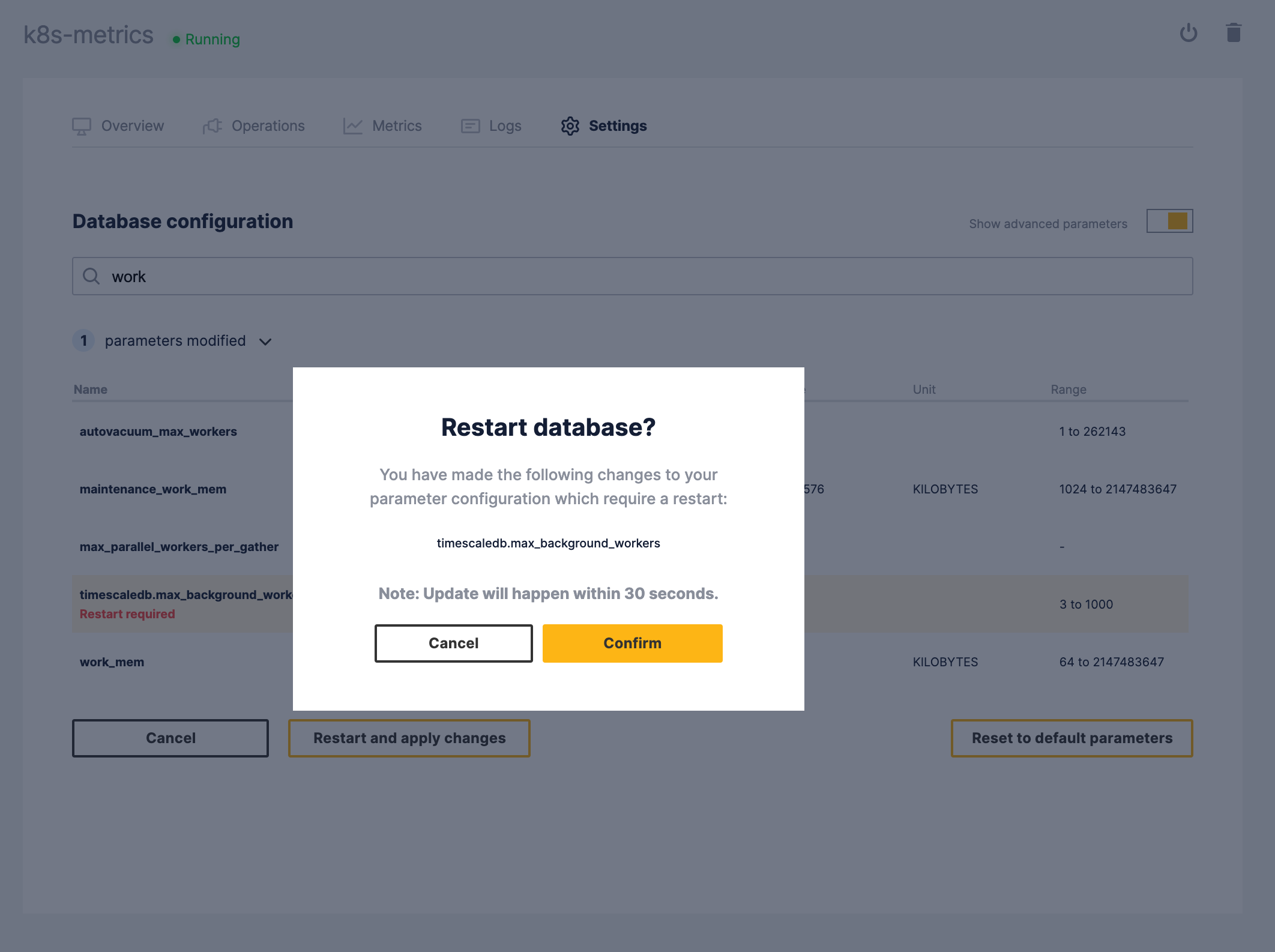 View Timescale Forge service configuration changes confirmation dialog