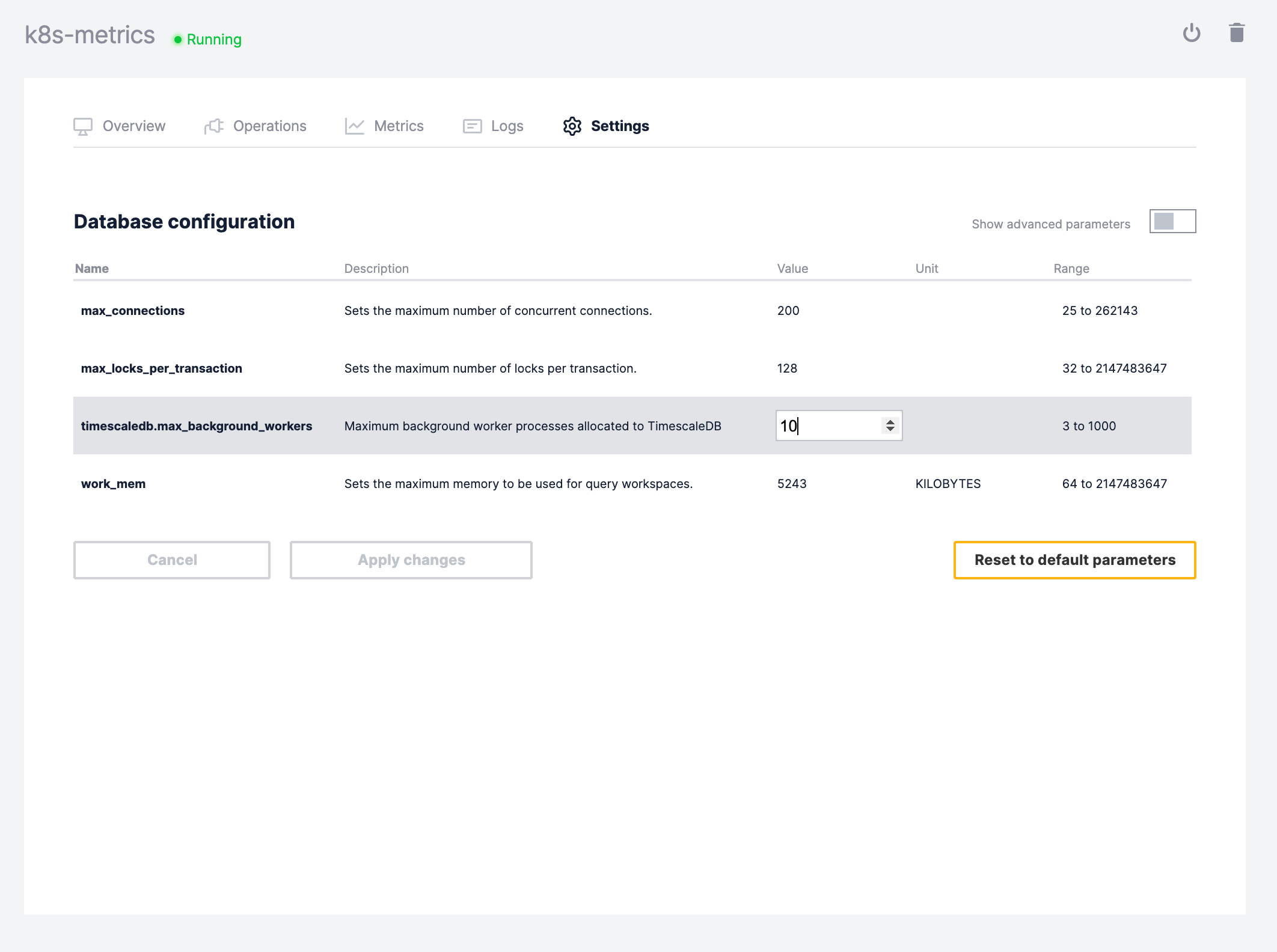 View Timescale Forge service settings modification