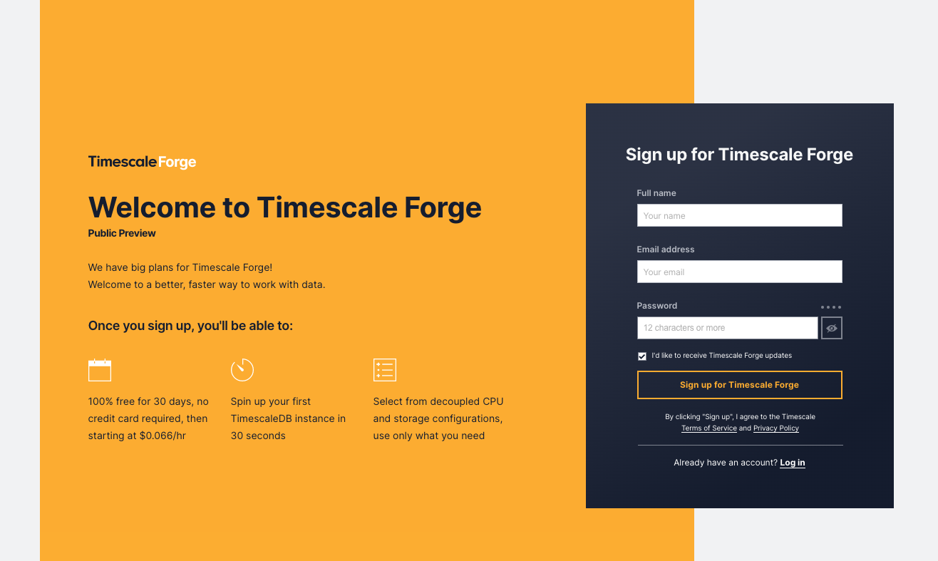 Sign up for Timescale Forge