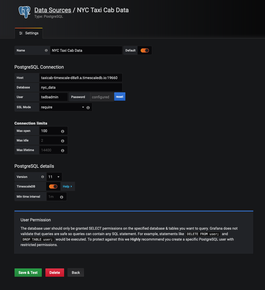 Test your Grafana database connection