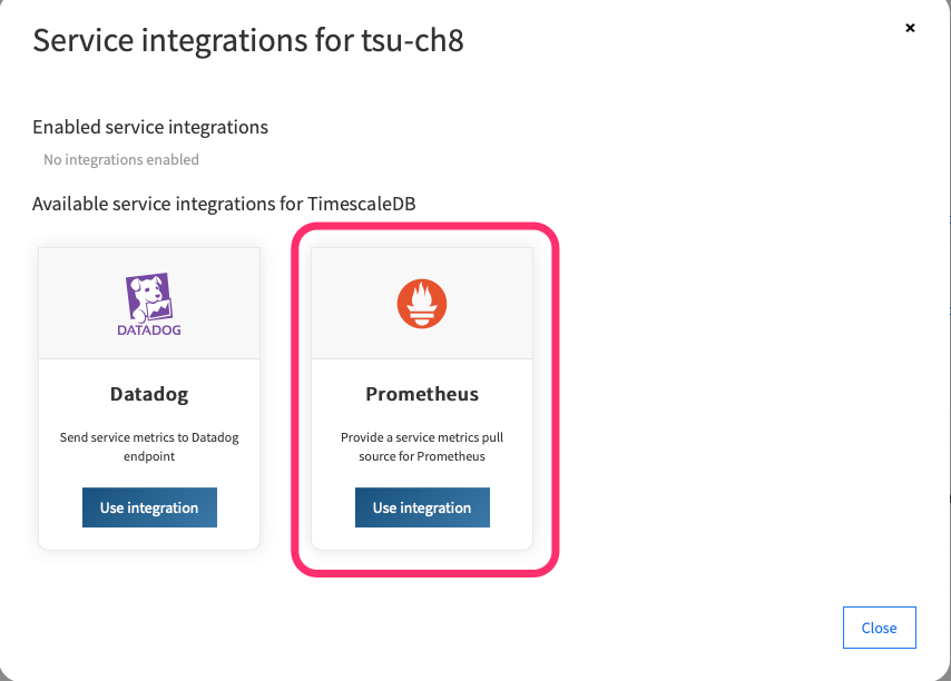 Select Prometheus integration to integrate with