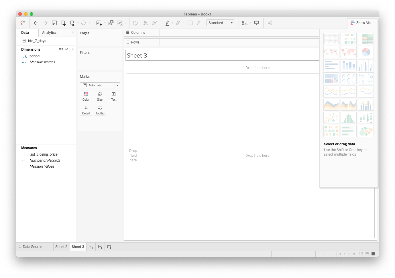 New worksheet in Tableau to examine time-series data